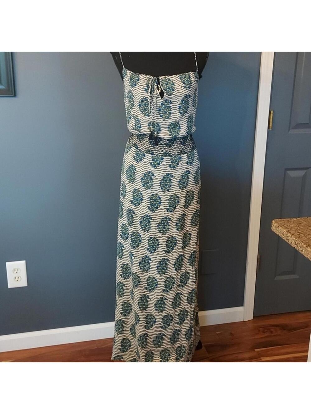 Tory Burch 100% Silk Green and Blue Floral Striped Sleeveless Maxi Dress Size 0